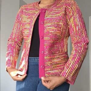 Chico’s Anna Belle Button Front Floral Jacket Sugarberry Pink Size Large